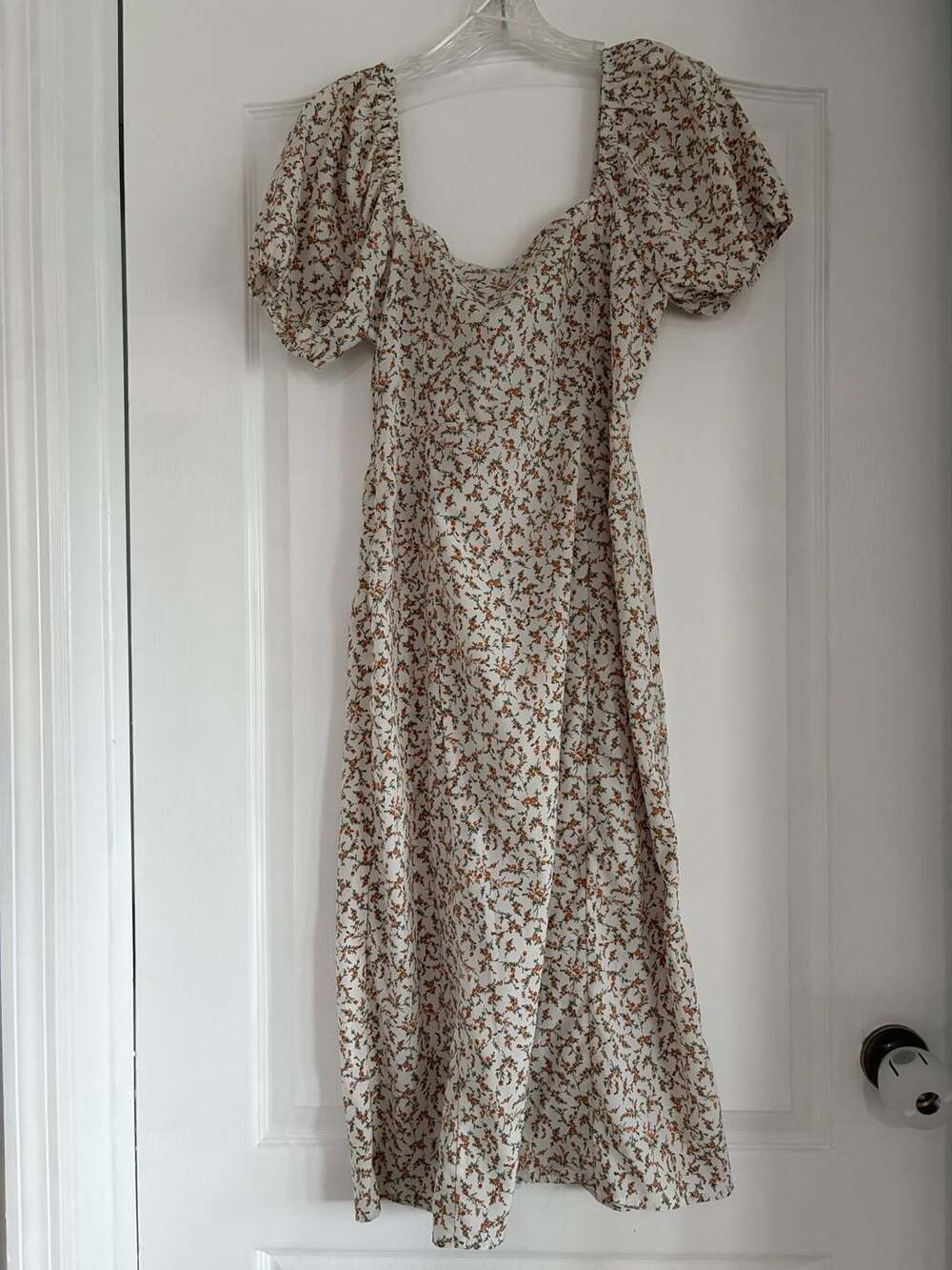 Paper Crane Floral Puff Sleeve Midi Dress with Lace-Up Detail